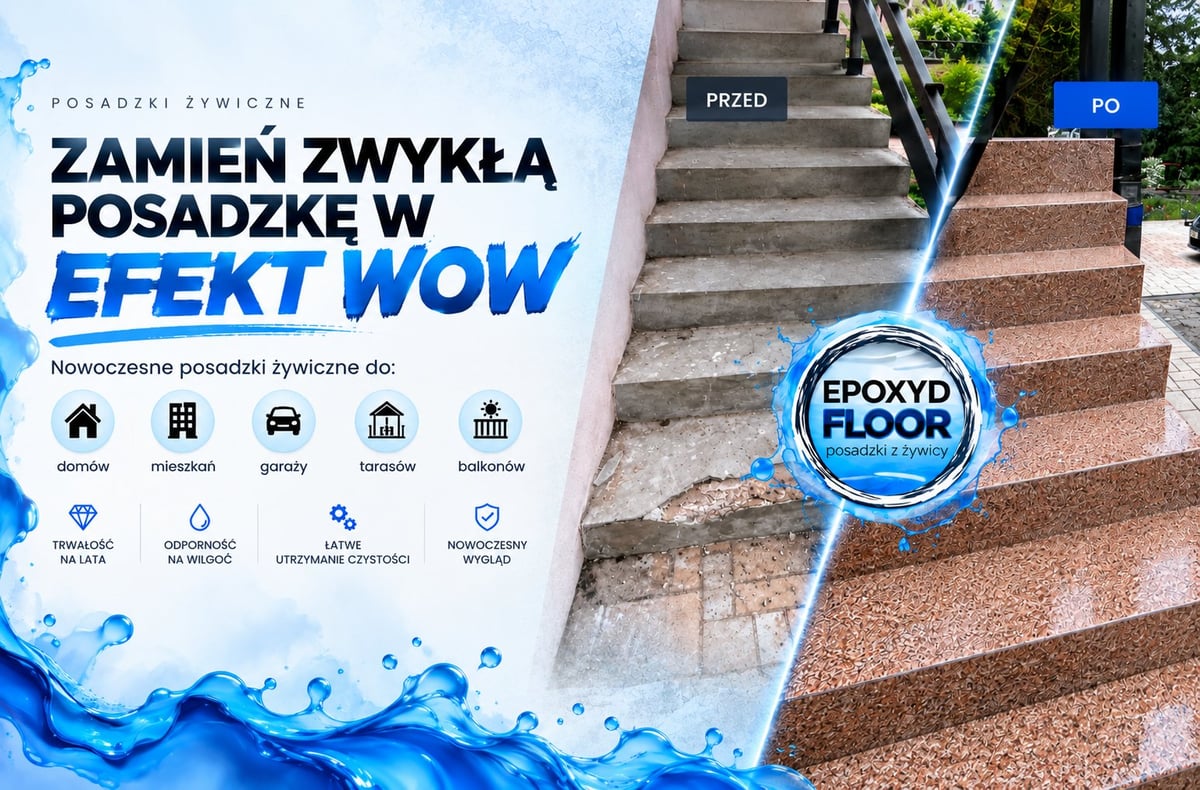 Przed i po metamorfozie schodów zewnętrznych — posadzka żywiczna EpoxydFloor